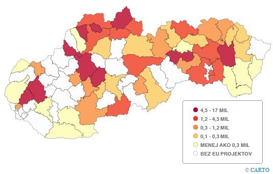 Mapa 3: Cena ochráneného územia (eur / km 2 ) Zdroj: OP ŽP Podobne je potrebné vylepšiť zber údajov o povodniach, aby bolo ku každej povodňovej udalosti priradené miesto, dátum a výška nákladov na