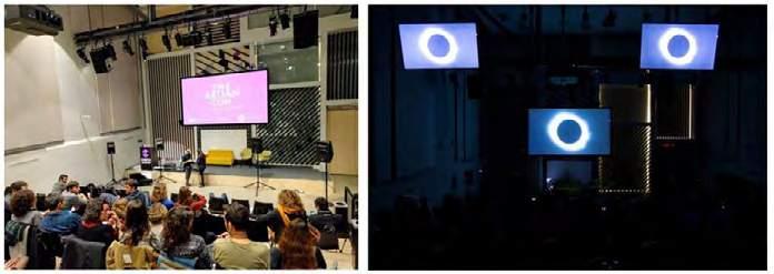 Image 7: Black Sonic Hole installation at Google Campus Madrid, December 2016 (image on the right shows an experimental visual aid used for the particular event). spaceinteractionalexperience.
