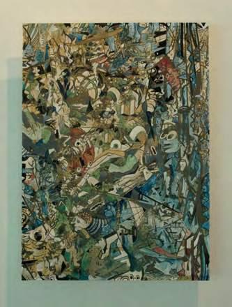 The images are processed with digital software to selectively isolate, transform and repurpose a personal, stylized visual language. They are further detailed with plastic media after printing.