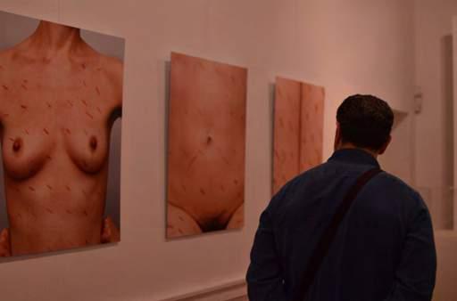 Image III: Image of the triptypch Succour by Kira O Reilly and Manuel Vason captured during the opening. Photo credits: Athanasios Tsingas and Evangelia Koumantsioti.