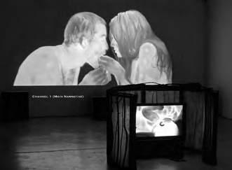 Image 14: 2013, Installation view of channel 1 Creation narrative (background) and channel 2 Birth narrative.