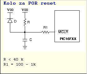 napona napajnja spor neophodno je na MCLR postaviti spoljnje kolo za reset. Sema kola za POR reset je prikazana na slici 1.