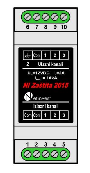 NI Zaštita 2015 Prenaponska zaštita linije Osobine Prenaponska zaštita za 4 linije 12VDC/2A sa zajedničkim vodom Prelazna otpornost zaštite < 0.