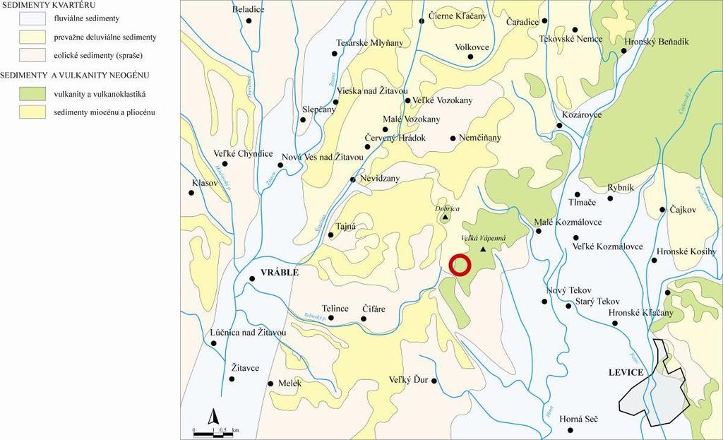 Obr. 6 - Zjednodušená geologická mapa skúmanej oblasti Územie je z budované sedimentárnou výplňou komjatickej priehlbiny vrchnomiocénno až pliocénneho veku (sarmat až dák).