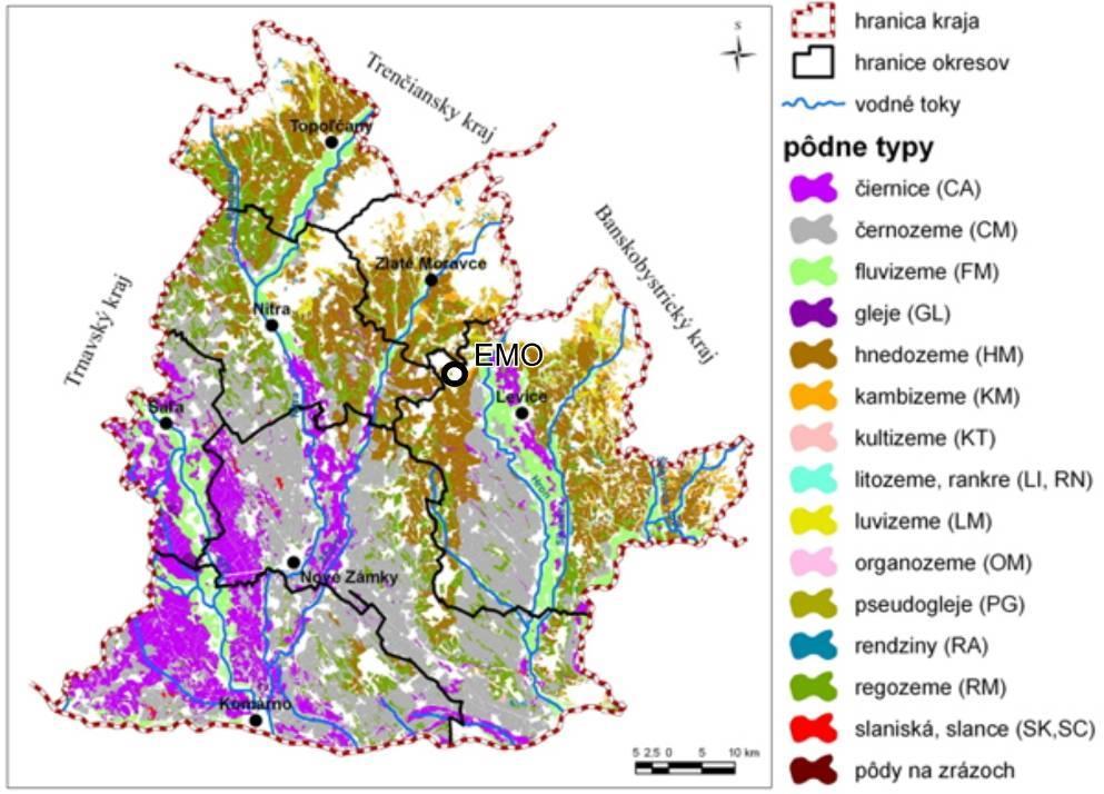 Obr. 9 - Pôdne typy Nitrianskeho kraja (Pálka et al., 2009) Priemerný produkčný potenciál pôd Nitrianskeho kraja je 68,6 v 100 bodovej stupnici.