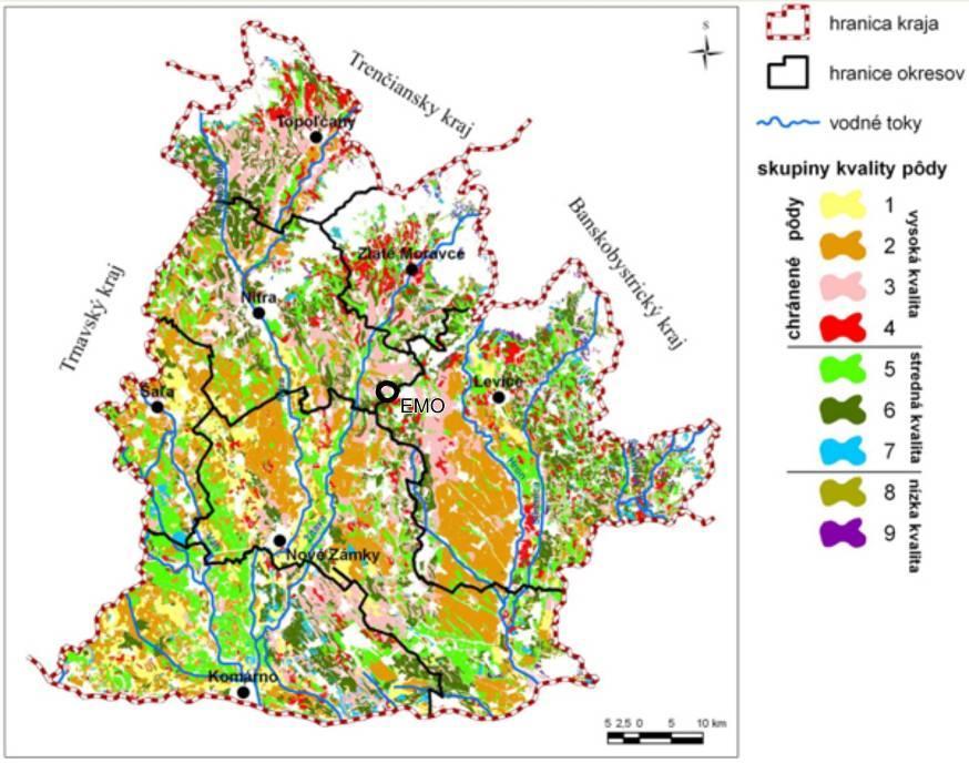 Obr. 10 - Mapa skupín kvality pôdy pre Nitriansky kraj (Pálka et al., 2009). III.1.8 Hydrologické pomery III.1.8.1 Vodné toky Región Mochovce sa nachádza v povodí Hrona a Nitry.