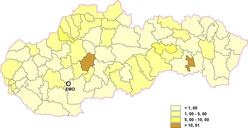 spotrebovaného maloodberateľmi. Územné emisie CO v oblasti JZ Mochovce sú mierne na úrovni menej ako 1,00 t.km -2 (Obr. 15). Obr. 15 - Merné územné emisie CO v roku 2010 (t.