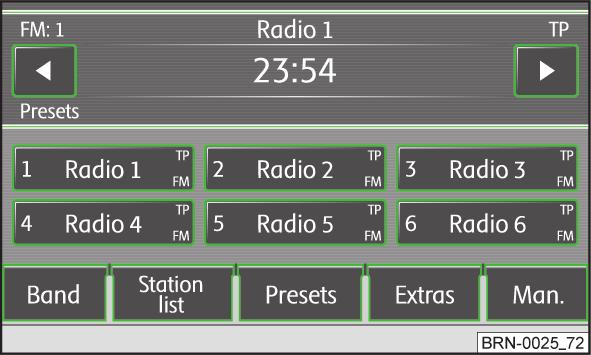 Λειτουργία RADIO Κεντρικό μενού RADIO Πατήστε το πλήκτρο RADIO - κεντρικό μενού RADIO Πλήκτρο λειτουργίας Band FM - ζώνη συχνοτήτων FM AM - ζώνη συχνοτήτων AM DAB - ψηφιακό φάσμα DAB εικ.
