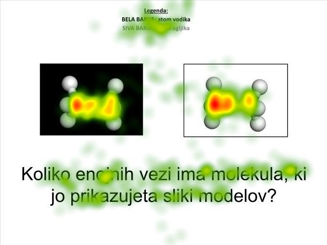 1.2.2.3 Heat map pred in po nalogi 1.2.2.4 Na kateri prikaz kemijskega modela molekule testiranci večkrat fiksirajo pogled pred prikazom naloge in na katerem je čas trajanja fiksacij daljši?
