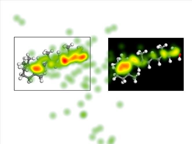 1.2.4.3 Heat map pred in po nalogi 1.2.4.4 Na kateri prikaz kemijskega modela molekule testiranci večkrat fiksirajo pogled pred prikazom naloge in na katerem je čas trajanja fiksacij daljši?
