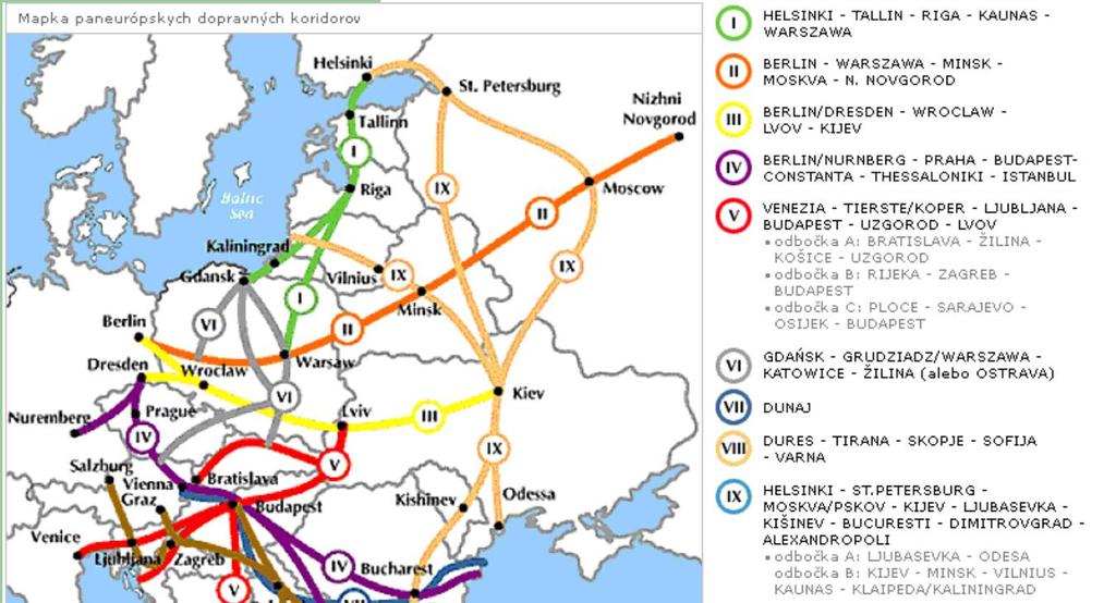 VÝCHODISKÁ ŠTÚDIE Paneurópska dopravná sieť pozostáva z nasledujúcich komponentov: Transeurópske dopravné siete (TEN-T) sieť multimodálnych koridorov pre členské krajiny EÚ Transeurópska sieť TINA