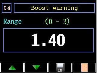 4)Boost warning Βήματα ρύθμισης επιπέδου προειδοποίησης ώθησης. 1. Πιέστε το πλήκτρο ρυθμίσεων, πάνω δεξία στην οθόνη (εικονίδιο εργαλεία). 2. Προχωρήστε στην επιλογή με αριθμό 04.