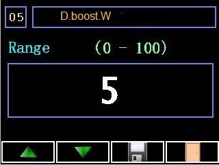 5)D.boost.w Βήματα ρύθμισης ποσοστού μείωσης ώθησης μετά την προειδοποίηση. 1. Πιέστε το πλήκτρο ρυθμίσεων, πάνω δεξία στην οθόνη (εικονίδιο εργαλεία). 2. Προχωρήστε στην επιλογή με αριθμό 05. 3.