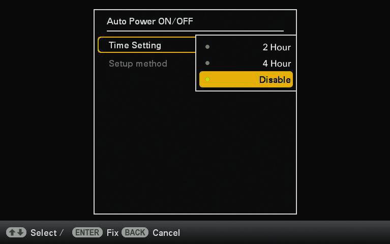 Zvoľte [Power-ON timer] (Časovač zapnutia) alebo [Power-OFF timer] (Časovač vypnutia) a stlačte (potvrdiť). Zvoľte [Enable] (Povoliť) a stlačte (potvrdiť). 2 Nastavte čas.