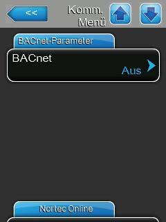 BACnet Parameters (parametre siete BACnet) BACnet: táto funkcia slúži na aktivovanie ("MSTP" alebo "BACnet IP") a deaktivovanie ("Off" (vyp.)) komunikácie cez vstavené rozhranie BACnet.