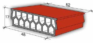 Fig. 7 - Bloc ceramic pentru planseu POROTHERM 60 (PTH60) Dimensiuni 250 x 520 x 170 mm Distanta interax intre grinzile precomprimate 60 cm Greutate 15 kg/buc Forta medie de rupere la incovoiere 4 kn