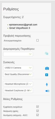 Επιλογή των οπτικοακουστικών μέσων με τα οποία θα συμμετέχει ο χρήστης. Επιλογή να φαίνονται τα ονόματα των συμμετεχόντων κάτω από τις βίντεο-ροές τους.