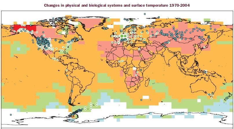 Αλλαγές στα φυσικά και βιολογικά συστήματα και επιφανειακή θερμοκρασία (1970-2004) Σχήμα 1.1. Εικόνα με τις αλλαγές της θερμοκρασίας από το 1970 έως το 2004 (Πηγή: Climate change 2007: Synthesis report, IPCC).