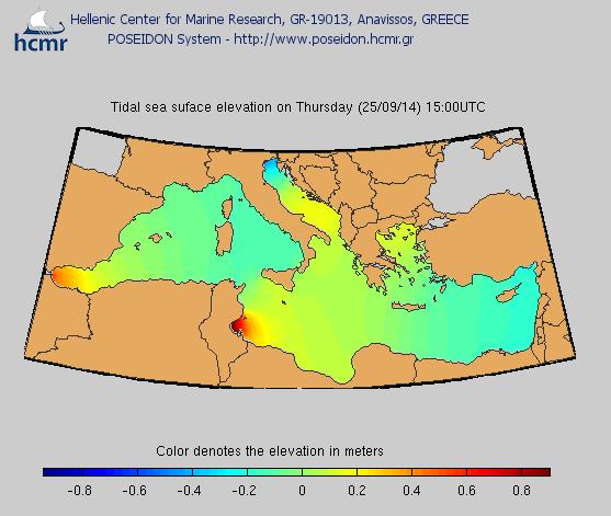 Σχήμα 4.28. Εικόνα με το ημερήσιο παλιρροιακό εύρος (πηγή: http:// www.poseidon.hcmr.gr / sealevel_forecast). Σύμφωνα, λοιπόν, με τον Πίνακα 4.7. η υπό μελέτη ακτογραμμή με τιμή παλιρροιακού εύρους 0.