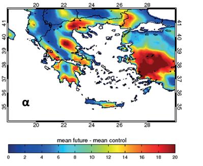 4. Επιπτώσεις σχετικές με ακραία φαινόμενα Εικόνα 1.4.1 Μεταβολές στη μέση μέγιστη καλοκαιρινή θερμοκρασία (Average Summer Tmax) μεταξύ (α) 2021-2050 και 1961-1990, (β) 2071-2100 και 1961-1990 Οι