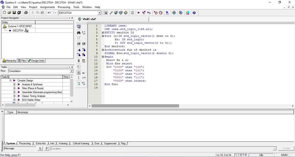 22 Εικόνα 7 Κώδικας σε γλώσσα VHDL 2.8.4 Μετάφραση Η διαδικασία της μετάφρασης πραγματοποιείται μετά το τέλος της περιγραφής του κυκλώματος και της αποθήκευσης του.