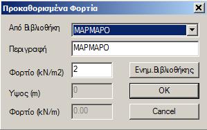 Με την επιλογή αυτή εμφανίζεται το παρακάτω πλαίσιο διαλόγου: Επιλέγετε από τη λίστα Από Βιβλιοθήκη το προκαθορισμένο φορτίο (πχ ΜΑΡΜΑΡΟ) και εμφανίζεται το φορτίο της επικάλυψης με μάρμαρο.