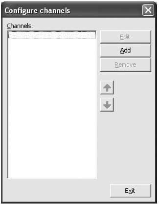 46 25.0 Konfigurácia kanálov 25.1 Pridanie nového kanála Z hlavného dialógového boxu Device Settings kliknite na Configure channels a otvorí sa dialógový box Configure channels. 1.