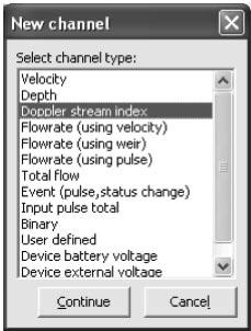 47 25.1.1 Pridanie kanála typ rýchlosť - Velocity - Doppler 1. Zvolte kanál typu Velocity z dialógového boxu Nový kanál - New channel a kliknite Pokračuj - Continue. 2. Objaví sa dialógový box Meno kanála - Channel name Vložte Meno - Name do textového poľa (max.