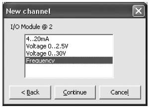 49 25.1.5 Pridanie kanála typ rýchlosť - Velocity - vstup/výstup - I/O (Frekvencia) 1. Zvolte kanál typu Velocity z dialógového boxu Nový kanál - New channel a kliknite Pokračuj - Continue 2.