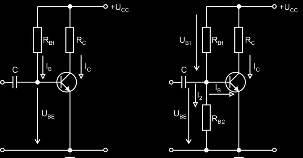 Obr. 5.5 Nastavenie bázového napätia pomocou rezistora RB (vľavo) a pomocou napäťového deliča (vpravo) 5.3.