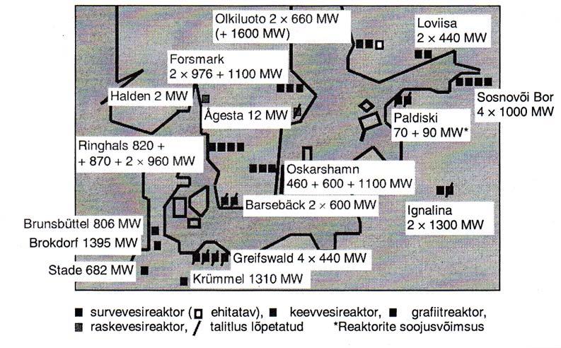 97 Joonis9.5. Tuumaelektrijaamad Läänemere ümbruses 2007.aasta algul. Balti riikide ainus tuumaelektrijaam Ignalinas (Leedus) alustas talitlust 1.märtsil 1984 (joonis 9.5).