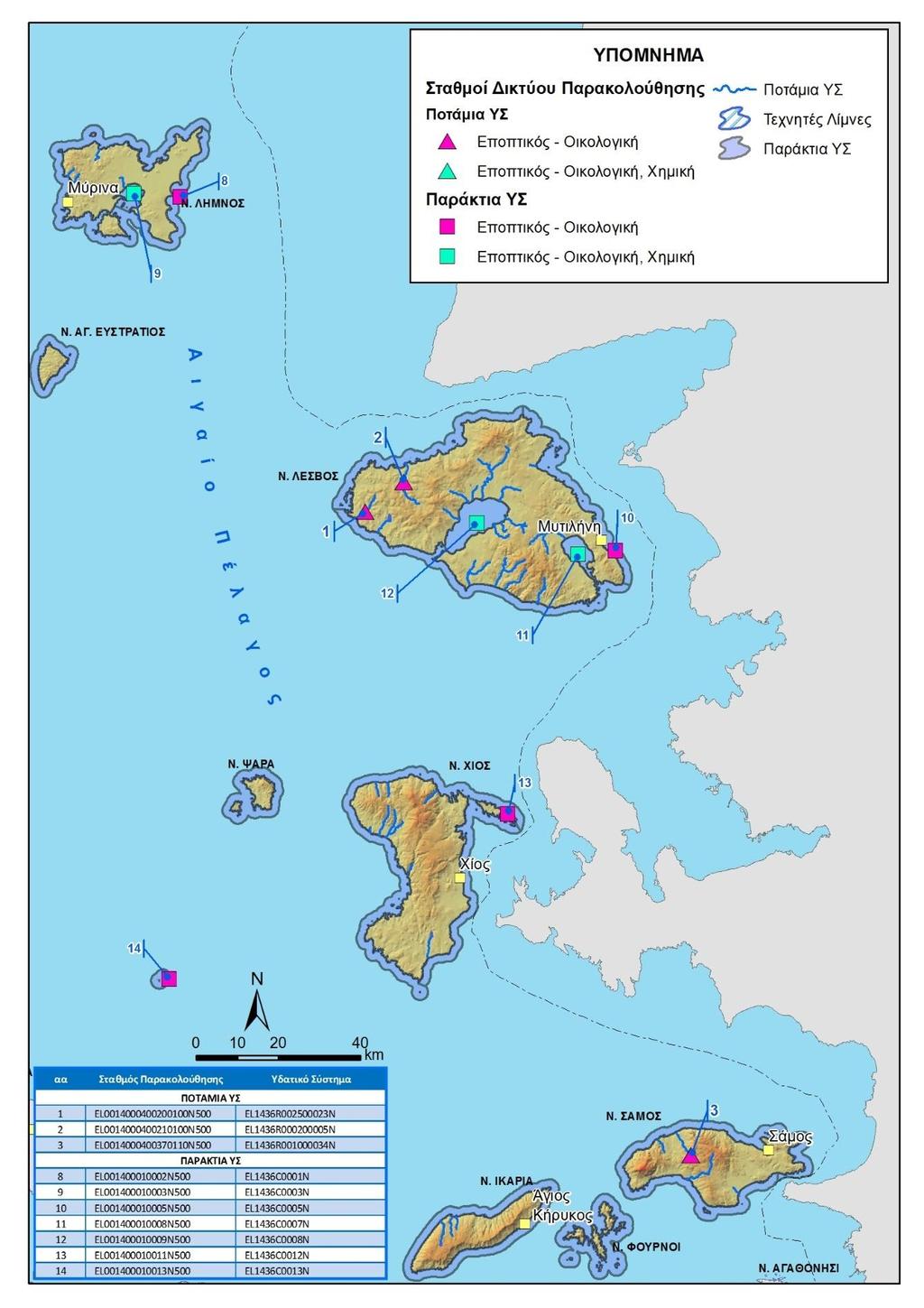 Κατάρτιση της ηςαναθεώρησης του Σχεδίου Διαχείρισης Λεκανών Απορροής Ποταμών του ΥΔ Νήσων Αιγαίου (EL4) Εικόνα 7 Σταθμοί του ΕΔΠ που αξιοποιήθηκαν για την ταξινόμηση της κατάστασης των