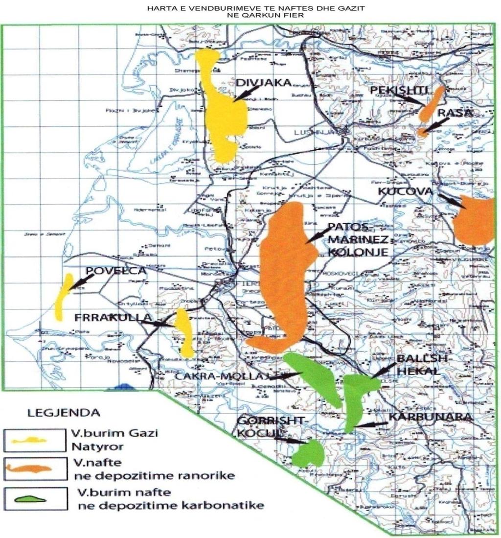 Figura nr. 2.3. Harta e vendburimeve të naftës dhe gazit në qarkun Fier sipas Albpetrolit 17 Burimi: Albpetrol sh.a. Nga një shikim tërësor i vendburimeve rezulton se shifrën më të madhe të rezervave gjeologjike e kanë vendburimet ranore 3/1.