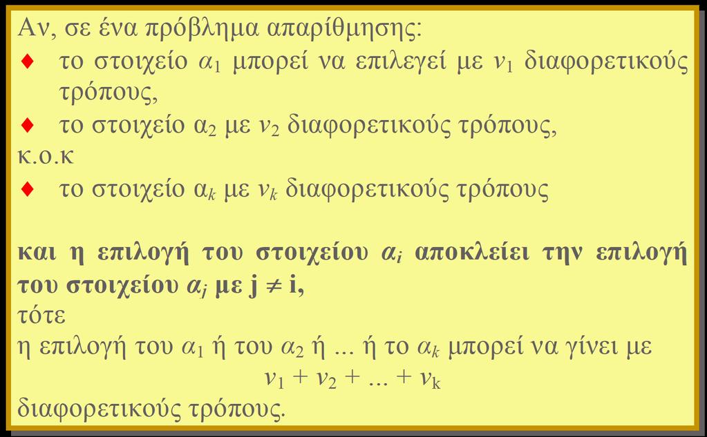 Η ΑΡΧΗ ΤΟΥ ΑΘΡΟΙΣΜΑΤΟΣ Η αρχή του αθροίσματος μπορεί να διατυπωθεί ανάλογα με την περίπτωση που εξετάζουμε, αν