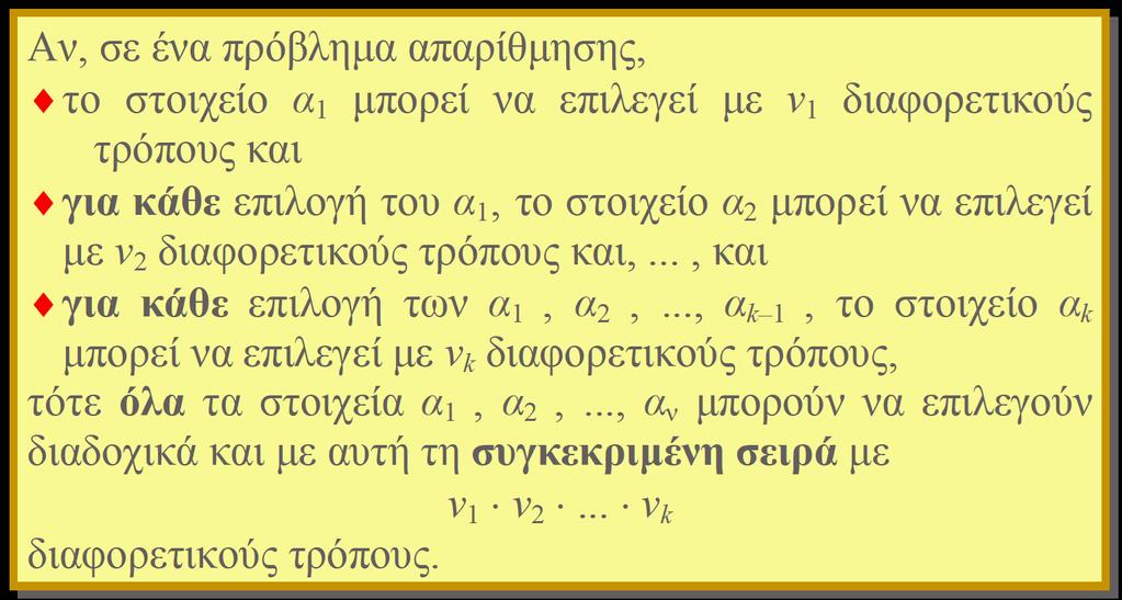 Η ΠΟΛΛΑΠΛΑΣΙΑΣΤΙΚΗ ΑΡΧΗ Η πολλαπλασιαστική αρχή μπορεί και πάλι να διατυπωθεί ανάλογα με το πρόβλημα που