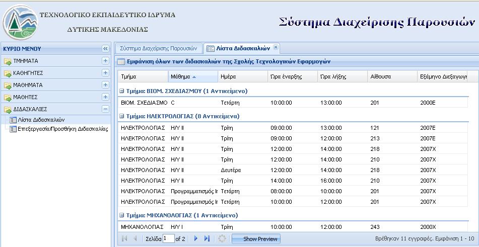 74 Καρτέλα «Λίστα διδασκαλιών» Τα περιεχόμενα της καρτέλας των διδασκαλιών εμφανίζονται σε στήλες, κάθε μια από τις οποίες αντιστοιχεί και σε συγκεκριμένη κατηγορία πληροφοριών.