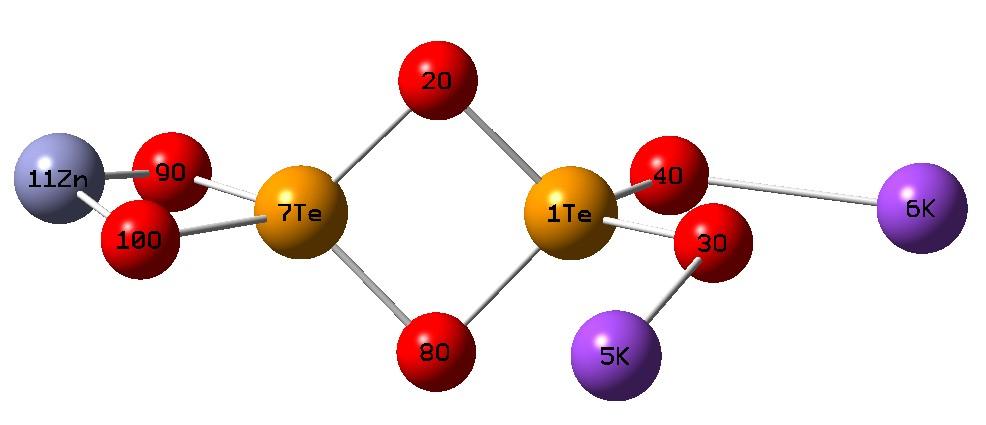 Квантты-химиялық есептеулер нәтижелеріне байланысты K 2 Zn(TeO 3 құрылымының негізгі геометриялық параметрлері Байланыс d, А Бұрыш ω, град.