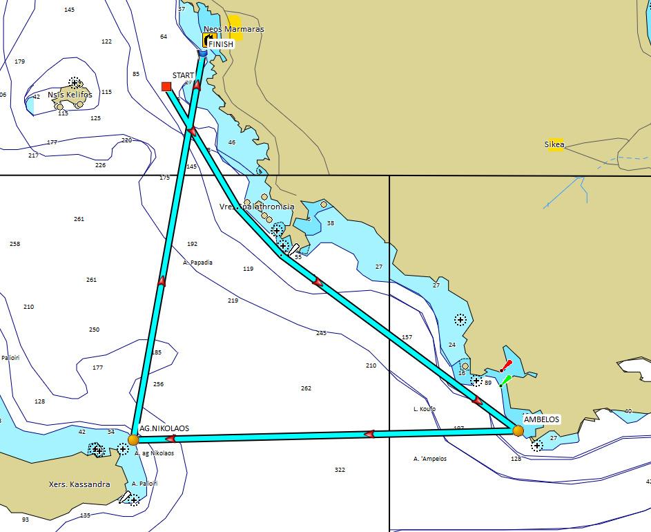 3.2 Coastal 2, απόσταση περίπου 27 NM. 3.2.1 Start - σημείο Ambelos - σημείο Agios Nikolaos - Finish (αφήστε την κίτρινη σημαδούρα αριστερά) 3.2.2 Όλα τα σημεία στροφής είναι κίτρινες φουσκωτές πυραμιδοειδείς σημαδούρες και πρέπει να αφεθούν δεξιά.
