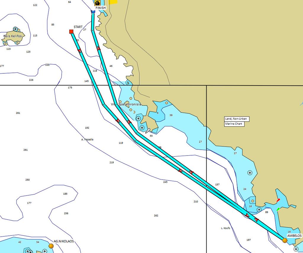 3.4 Coastal 4, απόσταση περίπου 22 NM. 3.4.1 Start - σημείο Ambelos - Finish (αφήστε την κίτρινη σημαδούρα αριστερά) 3.4.2 Το σημείο στροφής "Ambelos" είναι κίτρινη φουσκωτή πυραμιδοειδής σημαδούρα και πρέπει να αφεθεί αριστερά.