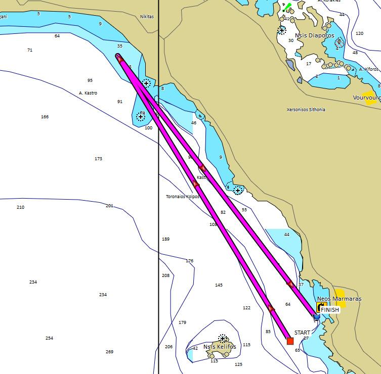 3.5 Coastal 5, απόσταση περίπου 19 NM. 3.5.1 Start - σημείο Nikiti - Finish (αφήστε την κίτρινη σημαδούρα αριστερά) 3.5.2 Το σημείο στροφής "Nikiti" είναι κίτρινη φουσκωτή πυραμιδοειδής σημαδούρα και πρέπει να αφεθεί δεξιά.