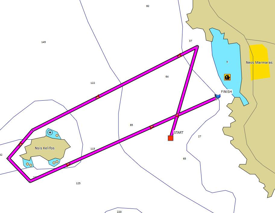 3.6 Coastal 6, απόσταση περίπου 9 NM. 3.6.1 Start - σημείο Marmaras - περίπλους νησίδας Κελύφου - Finish (αφήστε την κίτρινη σημαδούρα αριστερά) 3.6.2 Το σημείο στροφής "Marmaras" είναι κίτρινη φουσκωτή πυραμιδοειδής σημαδούρα και πρέπει να αφεθεί αριστερά.