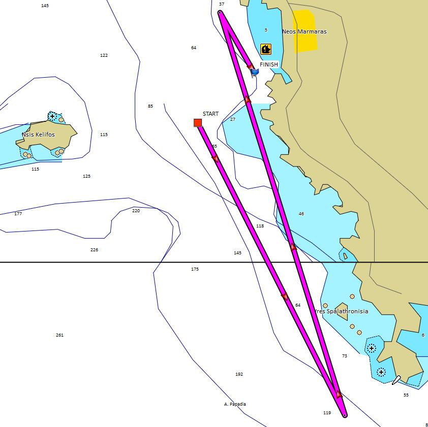 3.7 Coastal 7, απόσταση περίπου 11 NM. 3.7.1 Start - σημείο Papadia - σημείο Marmaras - Finish (αφήστε την κίτρινη σημαδούρα αριστερά) 3.7.2 Όλα τα σημεία στροφής είναι κίτρινες φουσκωτές πυραμιδοειδείς σημαδούρες.