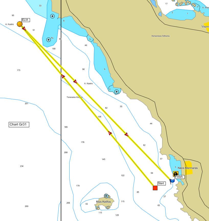 3.8 Coastal 8, απόσταση περίπου 16 NM. 3.8.1 Start - σημείο Elia - Finish (αφήστε την κίτρινη σημαδούρα δεξιά) 3.8.2 Το σημείο στροφής "Elia" είναι κίτρινη φουσκωτή πυραμιδοειδής σημαδούρα και πρέπει να αφεθεί δεξιά.
