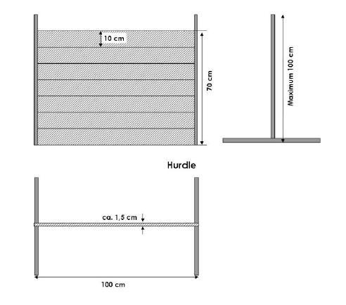 VII. Príloha 1.1 Nákres prekážky pre cvik 9 v OB1 a OB2 a cvik 8 v OB3: Maximálna výška pre OB1 je 50 cm, pre OB2 a OB3 je 70 cm.