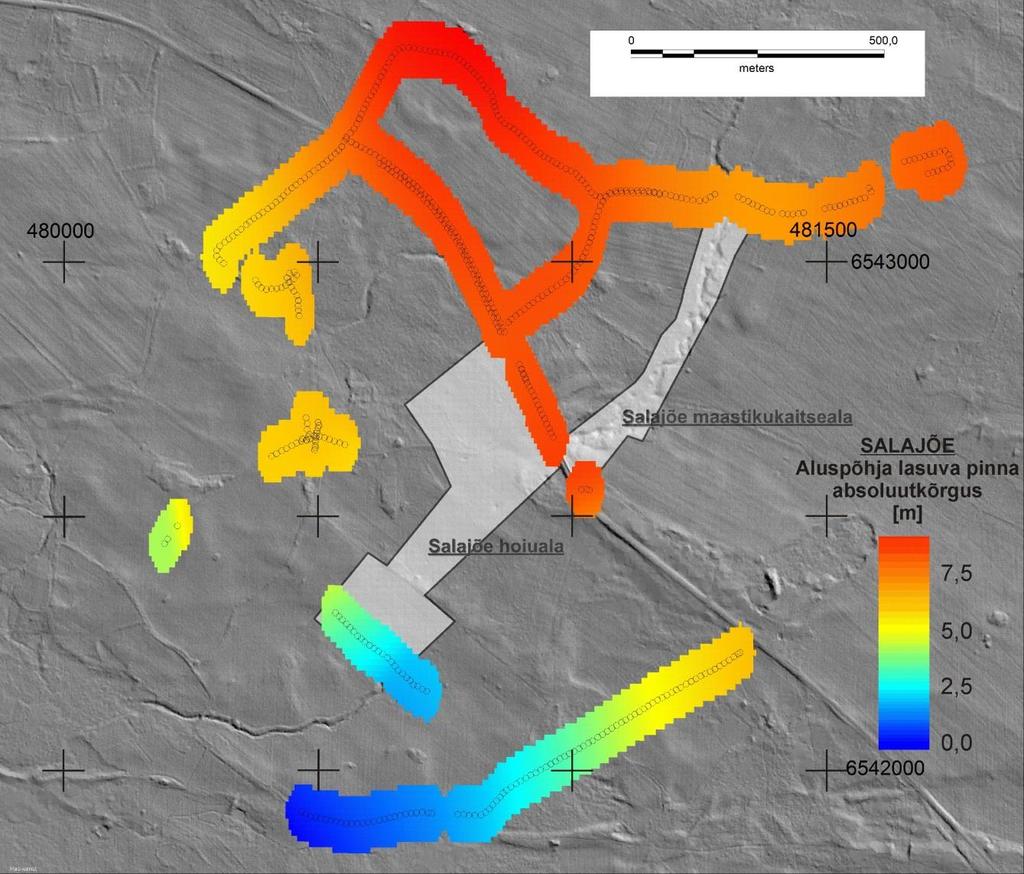Joonis 6. Salajõe piirkonna aluspõhja kõrgus võttes aluseks georadariga saadud informatsiooni. Aluspõhja kõrgus on ära toodud vaid nendes kohtades, kus aluspõhja lasuv pind oli identifitseeritav.