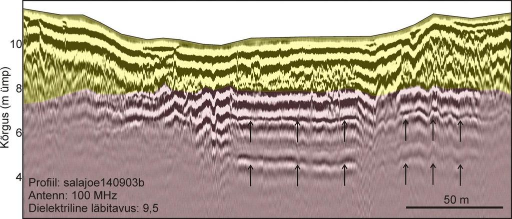 Joonis 4. Interpreteeritud väljavõte profiilil salajoe140903b koostatud läbilõikest. Kollased toonid markeerivad pinnakatet, punakad aluspõhja lubjakive.