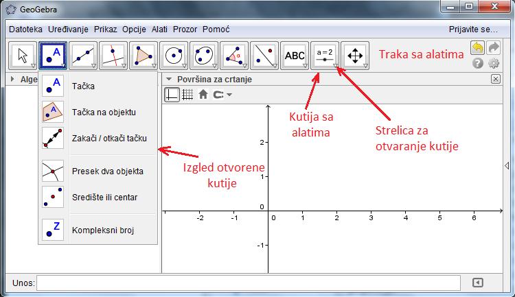 Slika 7: Grafički prikaz u ravni Na traci sa alatima nalazi se dvanaest ikona koje predstavljaju kutije sa alatima za konstrukciju objekata sličnog tipa.