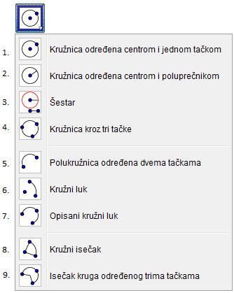 8. Kružni isečak se dobija izborom centra i početne i krajnje tačke kružnog luka. 9. Kružni luk se dobija izborom tri tačke koje ga odrežuju.