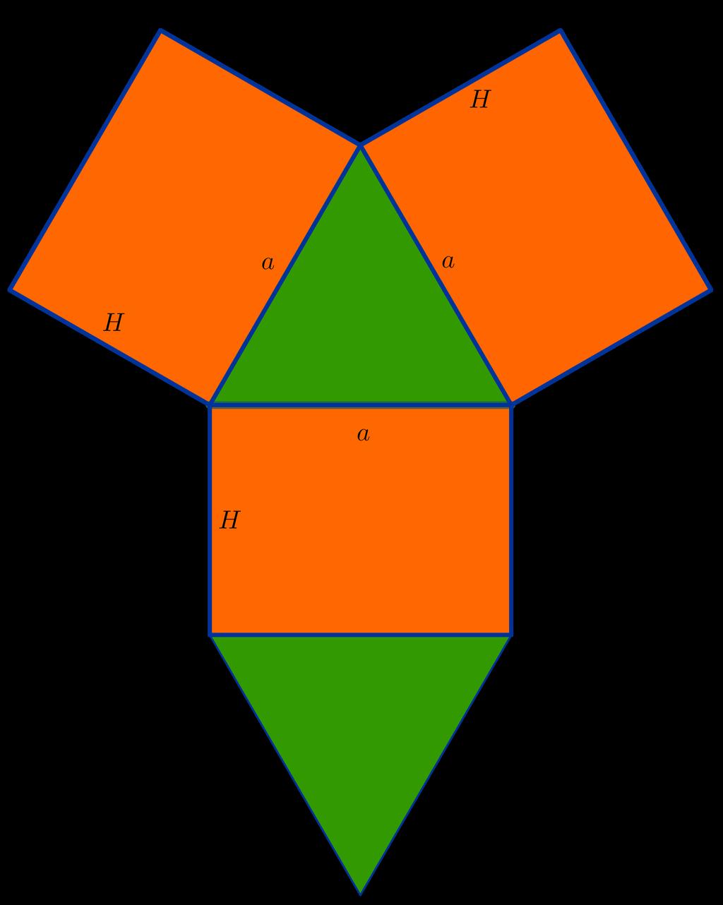 Slika 34: Mreža prizme čija je osnova jednakostranični trougao Ako je osnova prizme kvadrat: V = a 2 H, gde je a stranica kvadrata, a H visina prizme.