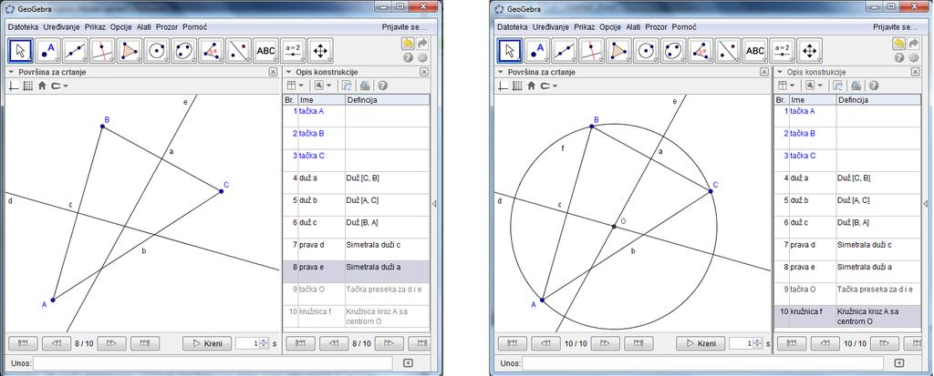 Konstrukcija trougla čija opisana kružnica se traži prikazana je na slici 5. Koraci 1, 2 i 3 opisa predstavljaju konstrukciju temena trougla, a 4, 5 i 6 stranica trougla.